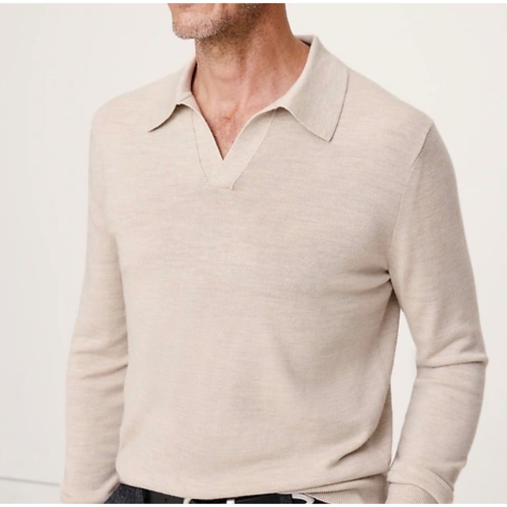 Banana Republic Merino Johnny Collar Sweater Polo in Heather Oatmeal